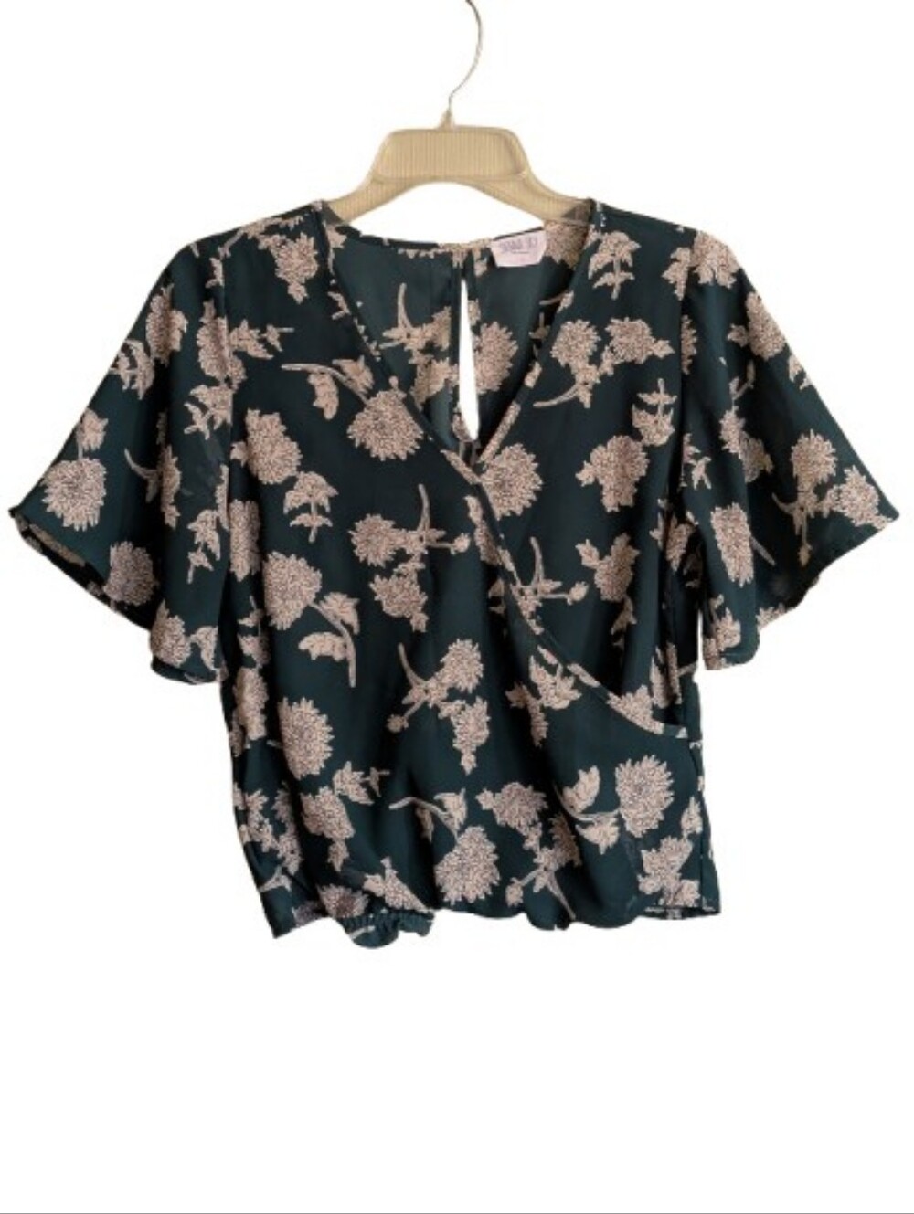 Sienna Sky Floral Green Cream Faux Wrap Blouse Flutter Sleeves Size S